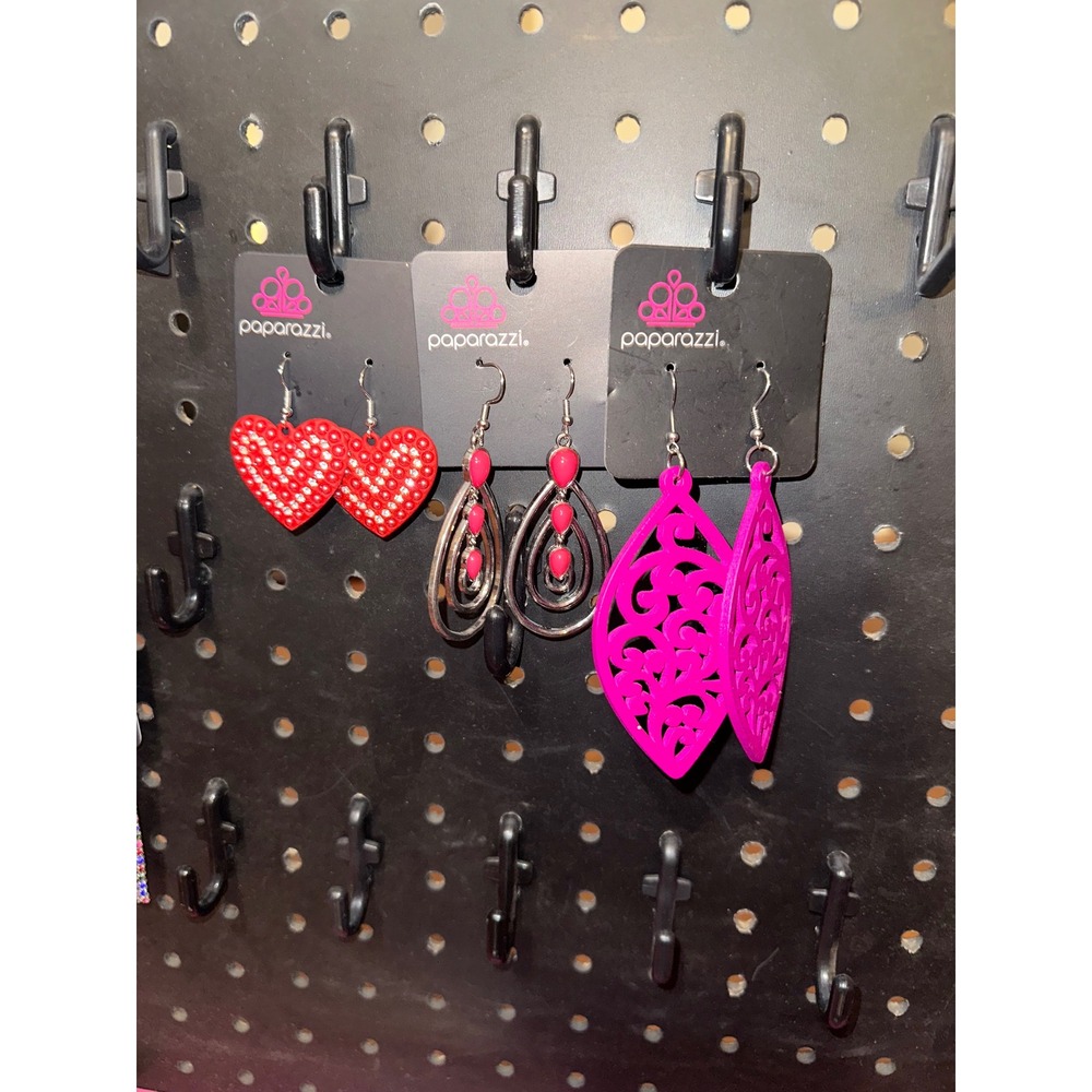 NWT Paparazzi Earring Lot 6 Pairs Red Heart Filigree Wood Enamel Silver Tone